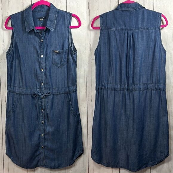 Tommy Hilfiger Sleeveless Drawstring Waist Button Down Lightweight Denim Dress - Picture 1 of 16